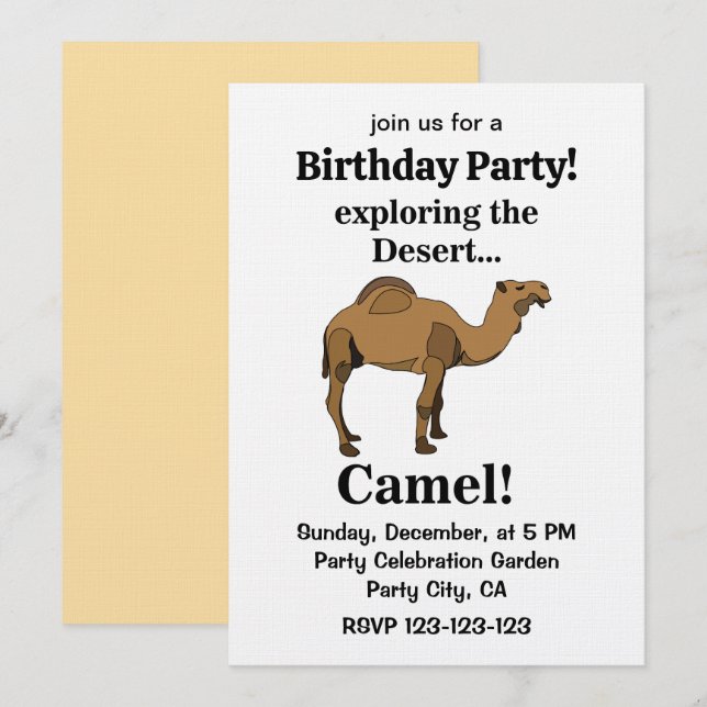 Invitation Anniversaire Drôle Fête Thème Chameau Désert Anima (Devant / Derrière)