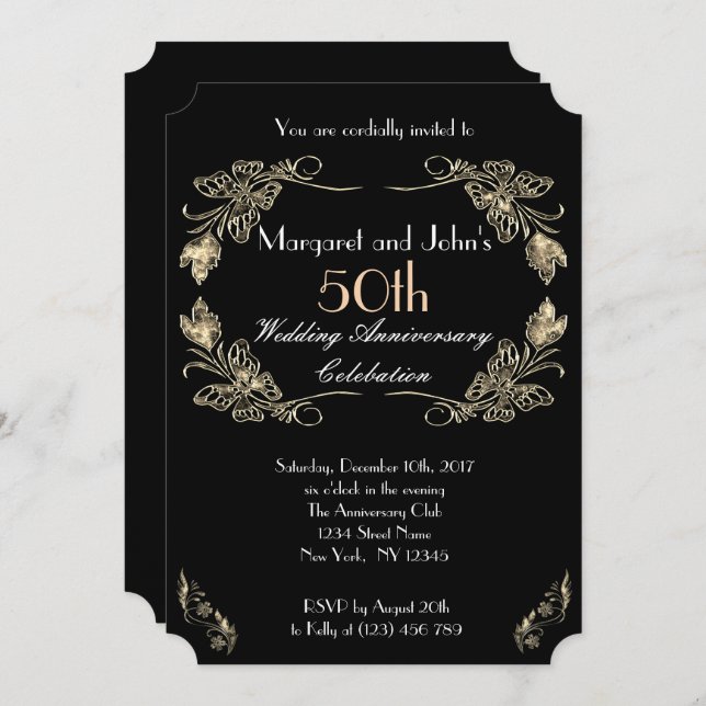 Invitation Anniversaire du 50e Mariage glamour d'or et de noi (Devant / Derrière)