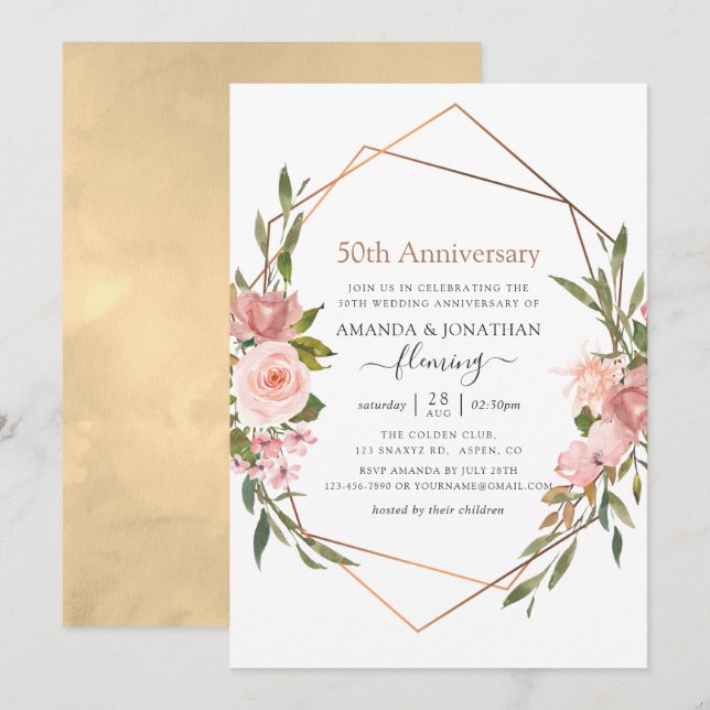 Invitation Anniversaire du 50e Mariage rose Gold et Blush Pin (Devant / Derrière)
