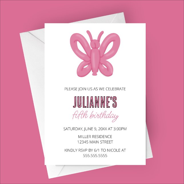 Invitation Anniversaire du Bolosse rose (Pink Butterfly Balloon Animal Birthday Invitation)