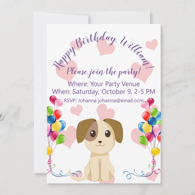 Invitation Anniversaire du chiot doux (Devant)