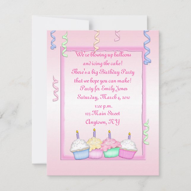 Invitation Anniversaire du Cupcake rose (Devant)