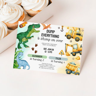 Invitation Anniversaire du Dinosaure et frère de la construct