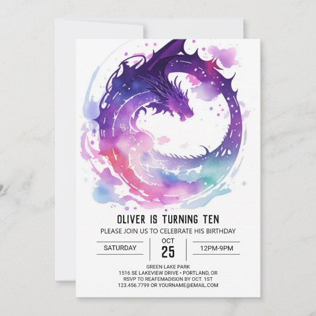 Invitation Anniversaire du dragon d'aquarelle magique (Devant)