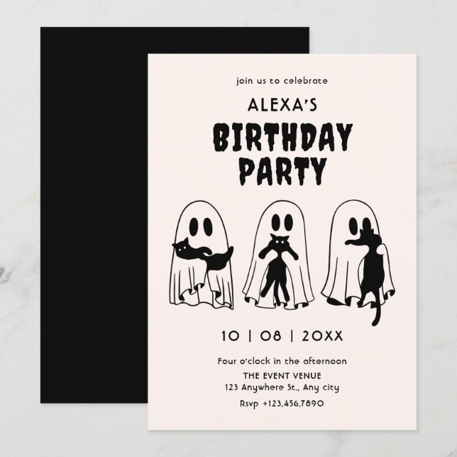 Invitation anniversaire du fantôme de chat noir  (Devant / Derrière)