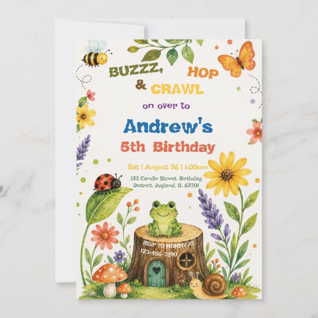 Invitation Anniversaire du garçon de jardin aquarelle Bugs et (Devant)
