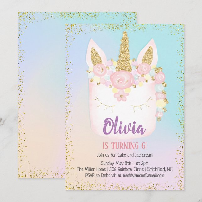 Invitation Anniversaire du gâteau Rainbow Unicorn (Devant / Derrière)