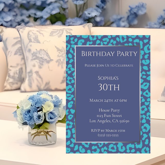Invitation Anniversaire du léopard Motif-Bleu- (Birthday-Leopard Pattern-Blue-Birthday Invitation )