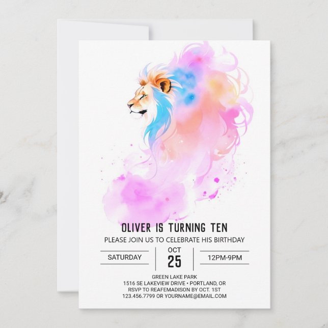 Invitation Anniversaire du lion aquarelle élégant (Devant)