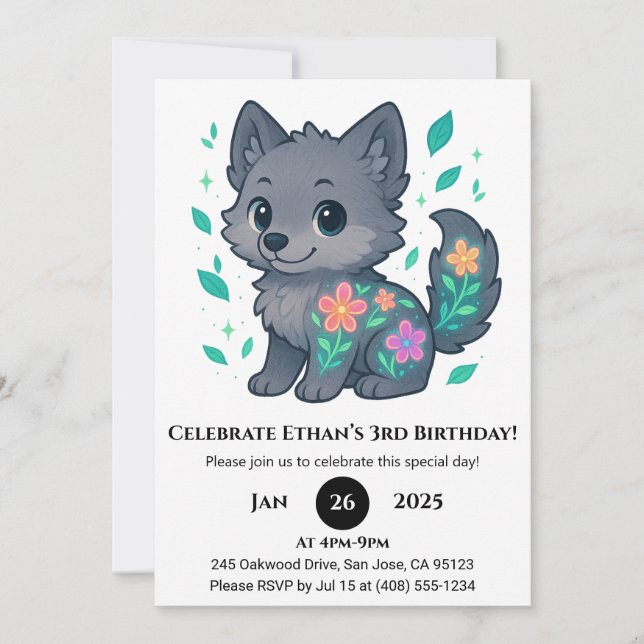Invitation Anniversaire du loup floral (Devant)