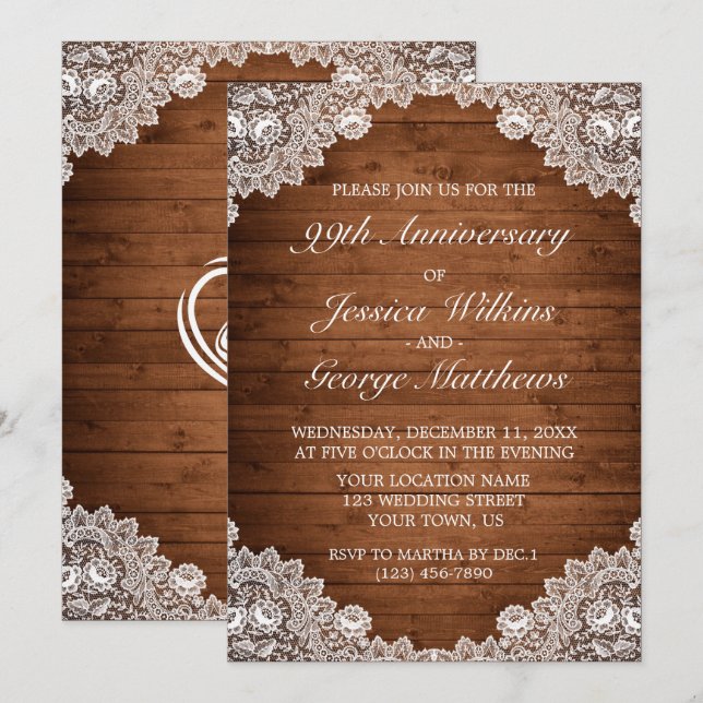 Invitation Anniversaire du Mariage de dentelle rustique et bo (Devant / Derrière)