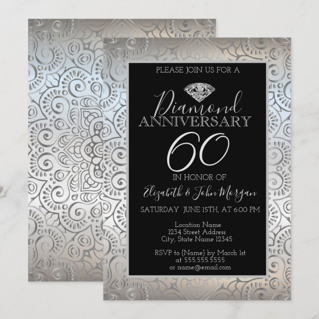 Invitation Anniversaire du Mariage de diamants Mandala en arg (Devant / Derrière)