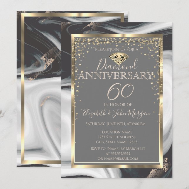 Invitation Anniversaire du Mariage en marbre de l'or Diamonds (Devant / Derrière)