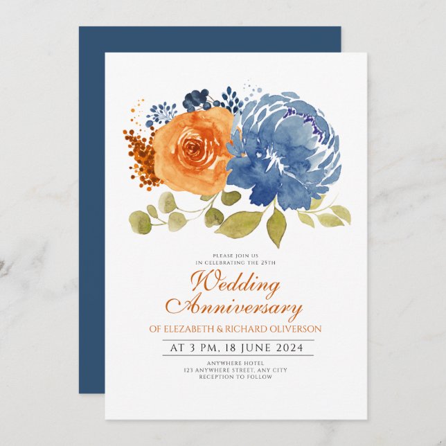 Invitation Anniversaire du Mariage floral bleu de la Marine (Devant / Derrière)