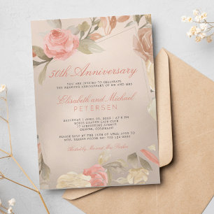 Invitation Anniversaire du Mariage Floral de Pêche Or de luxe
