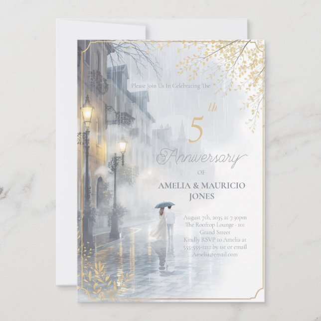 Invitation Anniversaire du mariage Golden Rain Romance (Devant)