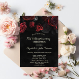 Invitation Anniversaire du Mariage noir Chic Red Roses