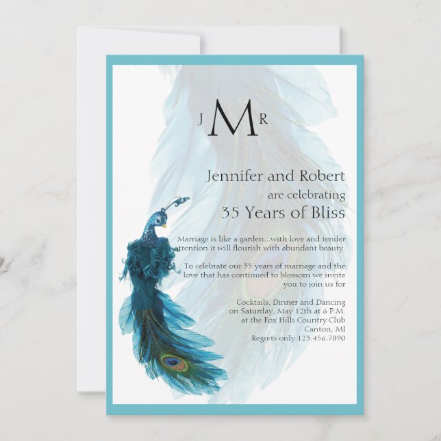 Invitation Anniversaire du Mariage turquoise Blue Peacock Plu (Devant)
