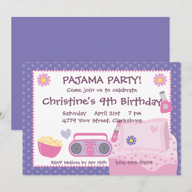 Invitation Anniversaire du Pajama Party (Devant / Derrière)