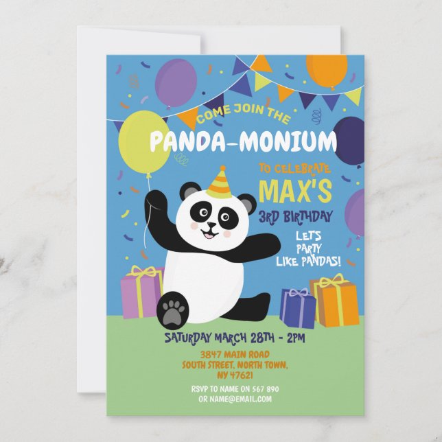 Invitation Anniversaire du Panda Panda-monium Bleu (Devant)