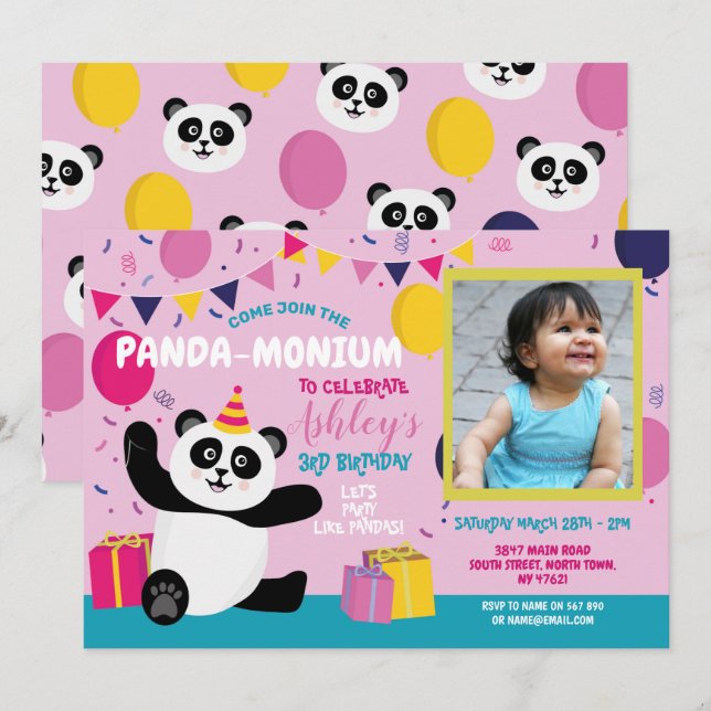 Invitation Anniversaire du Panda Panda-monium Photo rose (Devant / Derrière)