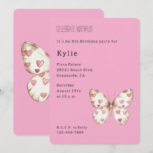 Invitation Anniversaire du papillon des Coeurs roses