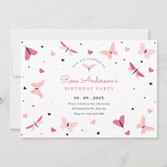 Invitation Anniversaire du papillon du coeur rose (Devant)