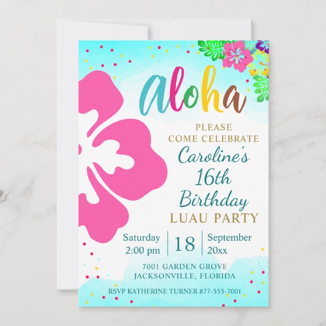Invitation Anniversaire du parti Aloha Luau (Devant)