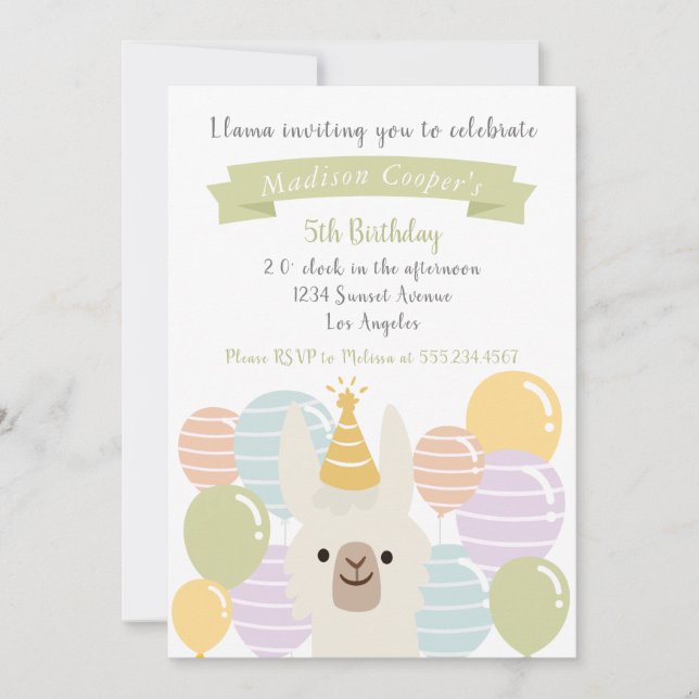 Invitation Anniversaire du Pastel Llama et des Balloons (Devant)