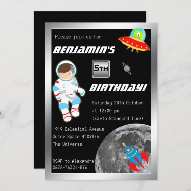 Invitation Anniversaire du petit astronaute dans l'espace ext (Devant / Derrière)