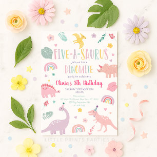 Invitation Anniversaire du Pink Pastel Dinosaur à cinq saurus
