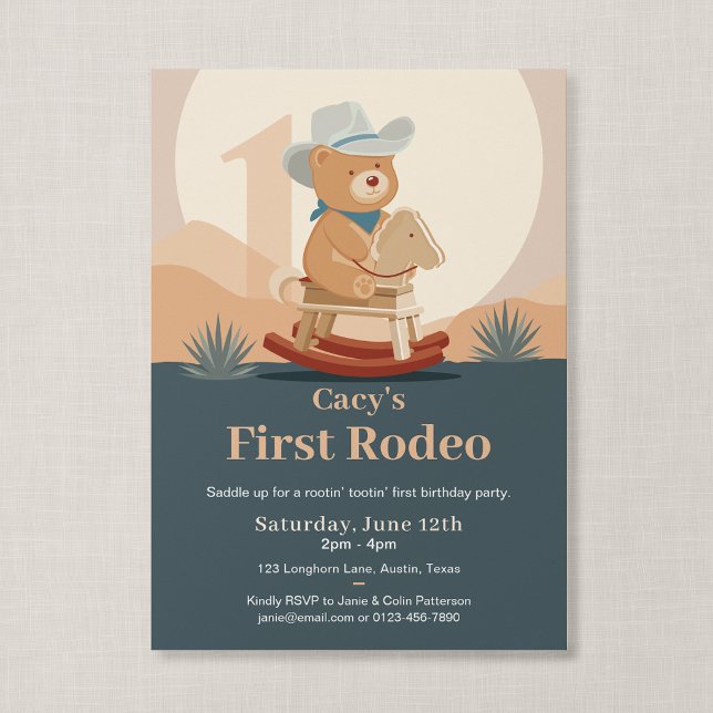 Invitation Anniversaire du Premier Rodéo de Cowboy Ourson (Saddle Up - First Rodeo Birthday Invitation, Front of Card)