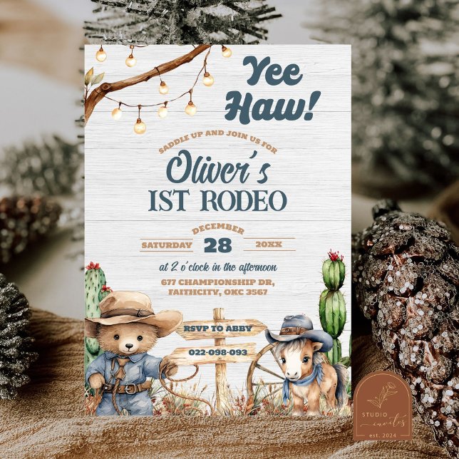 Invitation Anniversaire du premier rodéo de l'ours cowboy de  (Créateur téléchargé)