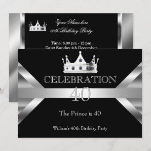 Invitation Anniversaire du prince noir élégant argenté pour h