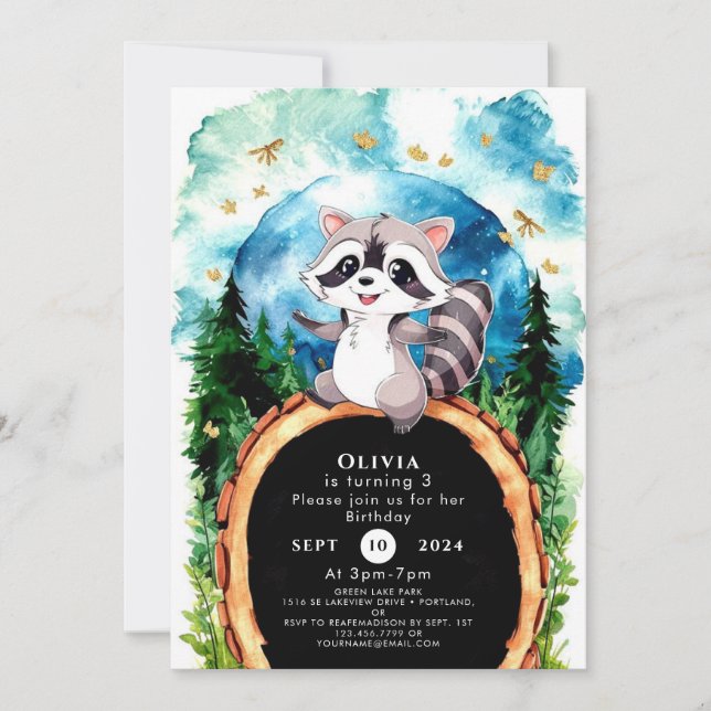 Invitation Anniversaire du Raccoon de Cute Pastel Woodland (Devant)