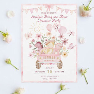 Invitation Anniversaire du rose Stomp et des dinosaures