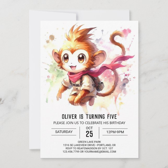 Invitation Anniversaire du singe amusant modifiable (Devant)