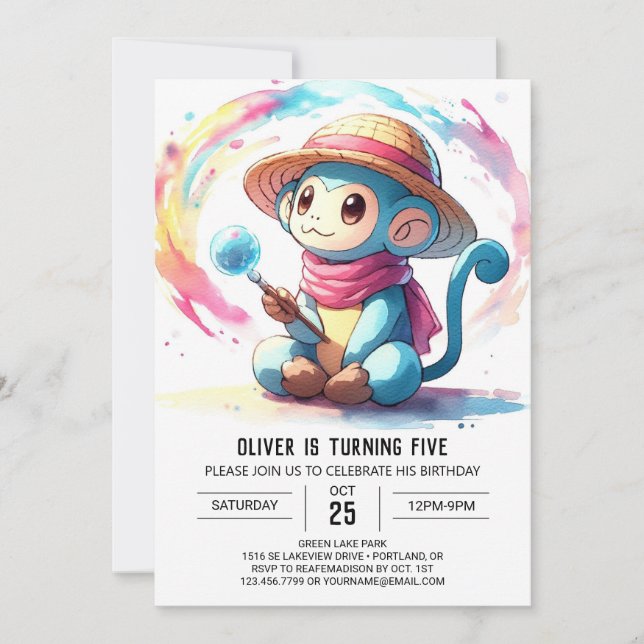 Invitation Anniversaire du singe Pastel sur mesure (Devant)