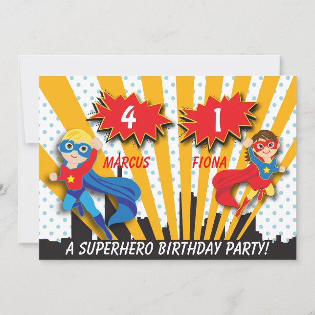 Invitation Anniversaire du Superhero Garçon et Fille (Devant)