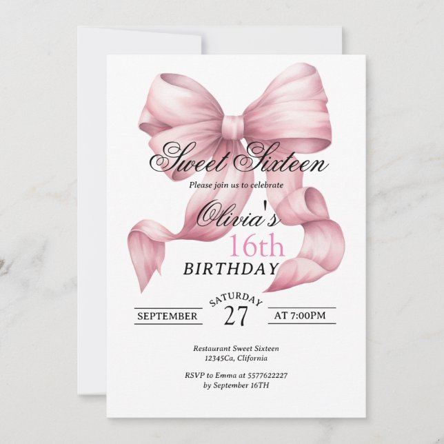 Invitation Anniversaire du Sweet sixteen de la Bow rose (Devant)
