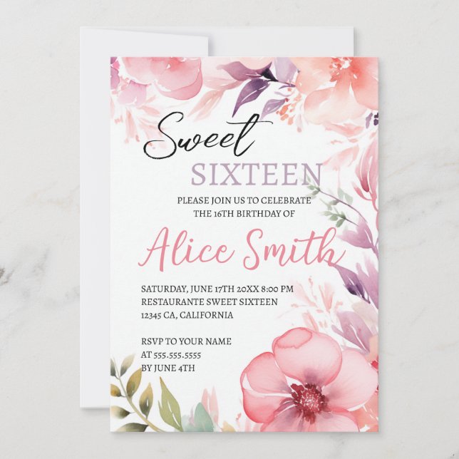 Invitation Anniversaire du Sweet sixteen floral rose (Devant)