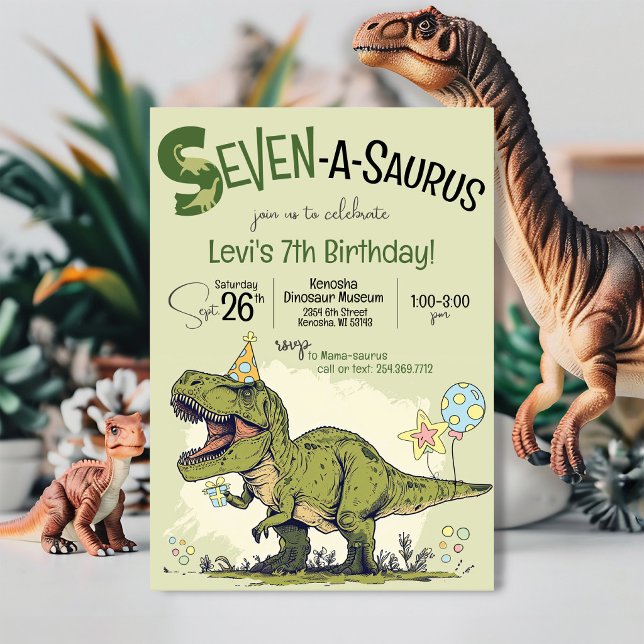Invitation Anniversaire du T-Rex Dinosaure Sept-A-Saure 7 ans (Cute Cartoon T-Rex funny Dinosaur Seven-A-Saurus boy seventh kids 7th birthday party invitation)