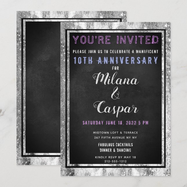 Invitation Anniversaire du tableau noir en argent chatoyant (Devant / Derrière)