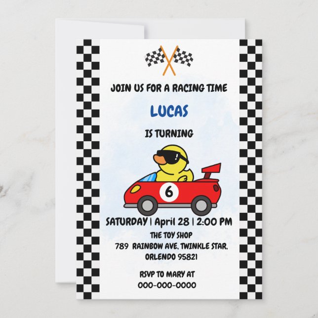 Invitation Anniversaire Duck race car garçon course rouge nom (Devant)