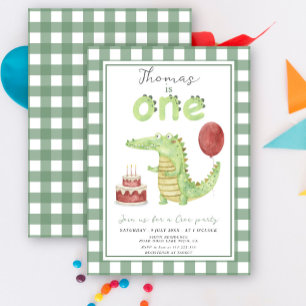 Invitation Anniversaire d'un an avec crocodile aquarelle mign