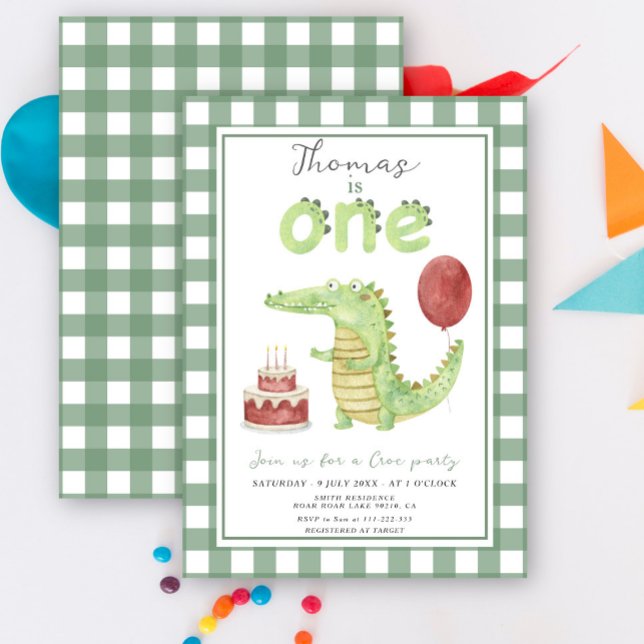 Invitation Anniversaire d'un an avec crocodile aquarelle mign (Créateur téléchargé)