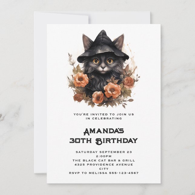 Invitation Anniversaire d'un Chat Noir Mignon avec un Chapeau (Devant)