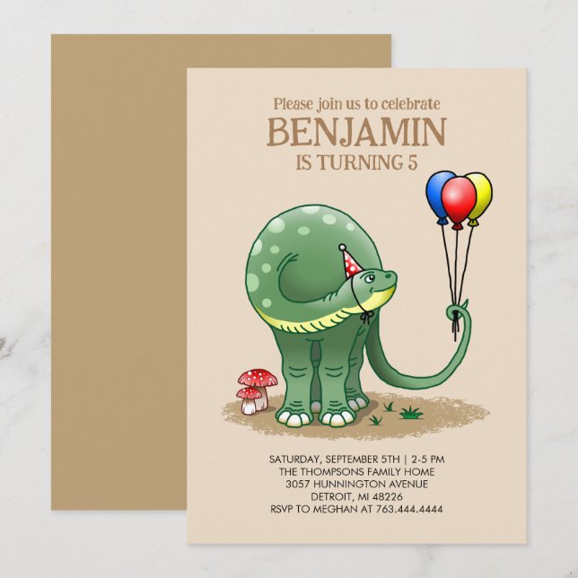 Invitation Anniversaire d'un dinosaure tenant des ballons (Devant / Derrière)