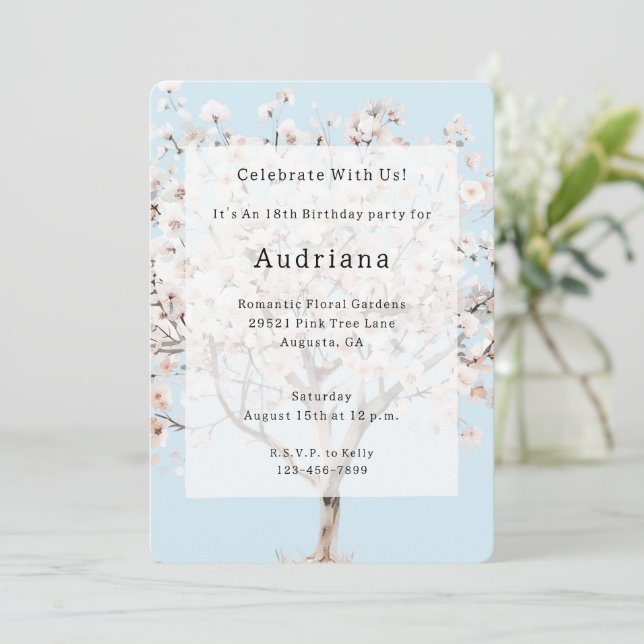 Invitation Anniversaire d'un joli arbre à fleurs rose (Debout devant)