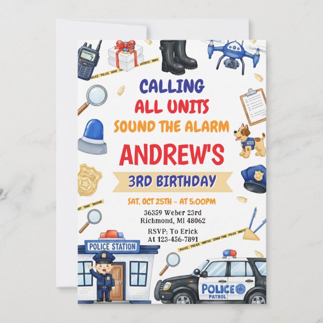 Invitation Anniversaire d'un policier moderne pour enfant (Devant)
